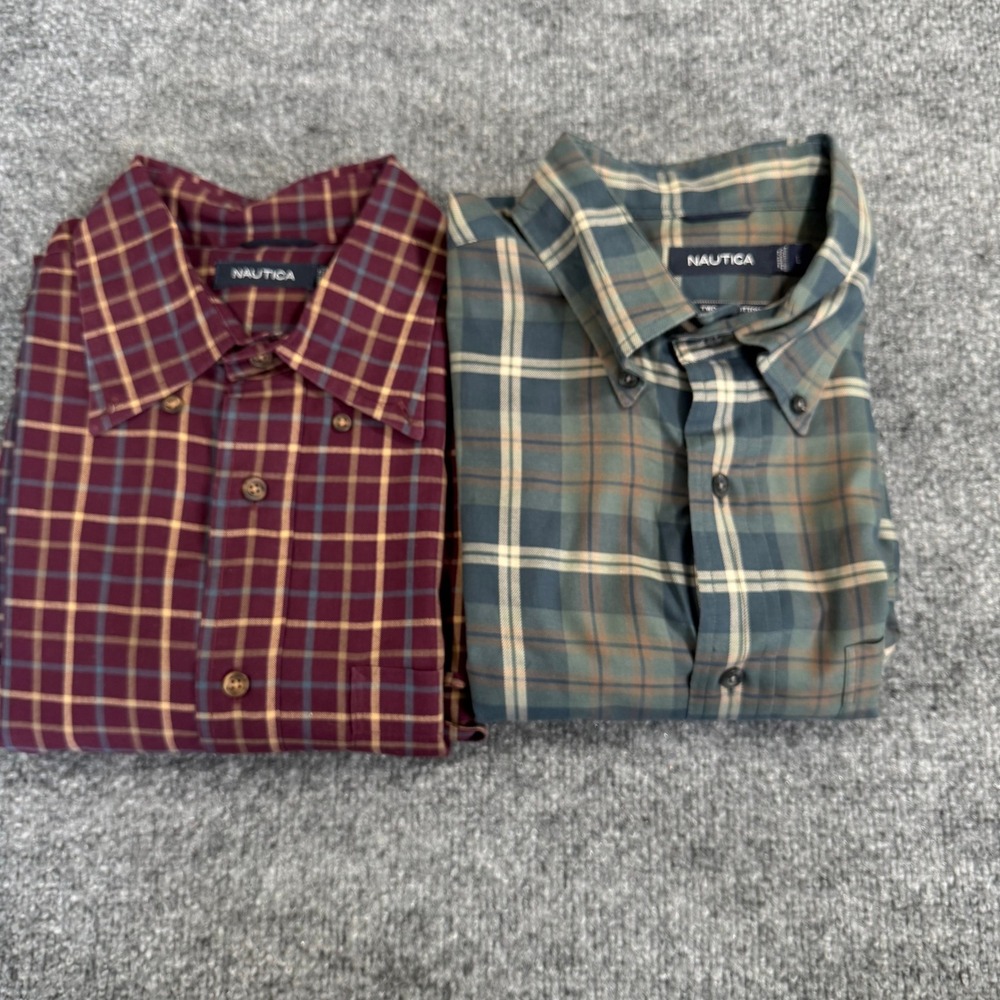 Nautica Button Down Shirt Mens L 2 Pack Plaid Cotton Classic Fit Green Maroon